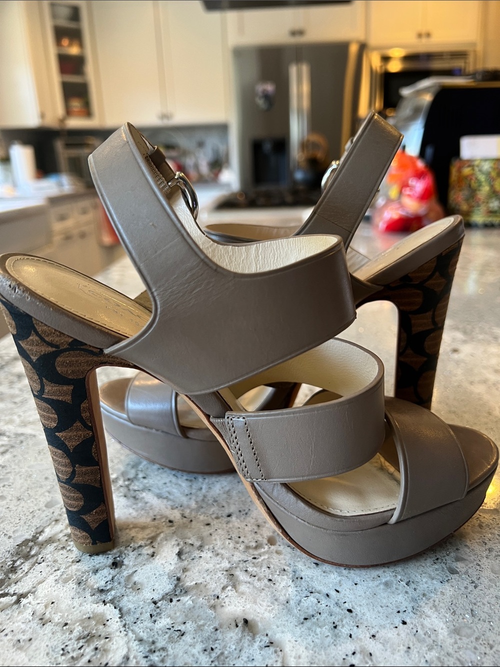 COACH Bertta Taupe Leather Monogram Platform Sandals Size 5.5 B Like New - Picture 7 of 11